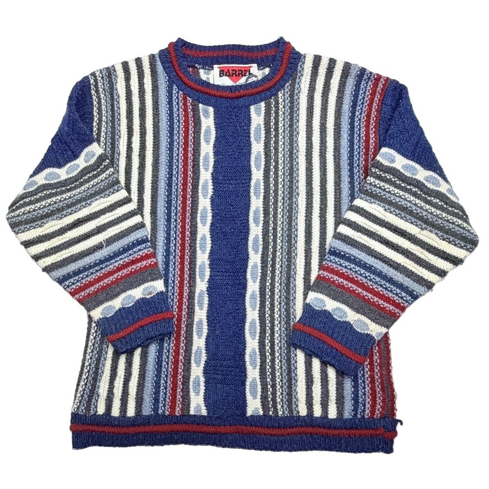 Vintage Barrel Kids Coogi Style Knit Sweater Blue Striped USA Made Size M 5-6